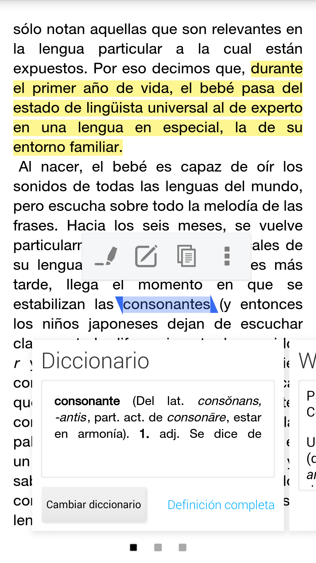 Diccionario español de la aplicación Kindle para Android