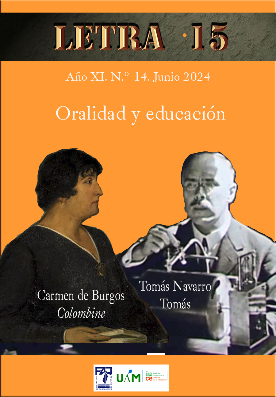 Portada del nº 14 de Letra 15 Oralidad y educación. Carmen de Burgos, Colombine, y Tomás Navarro Tomás